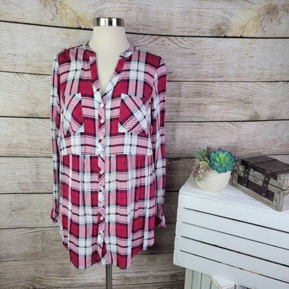 Torrid Women's Emma Babydoll Challis Plaided Button-Front Tunic Pink Size‎ 0